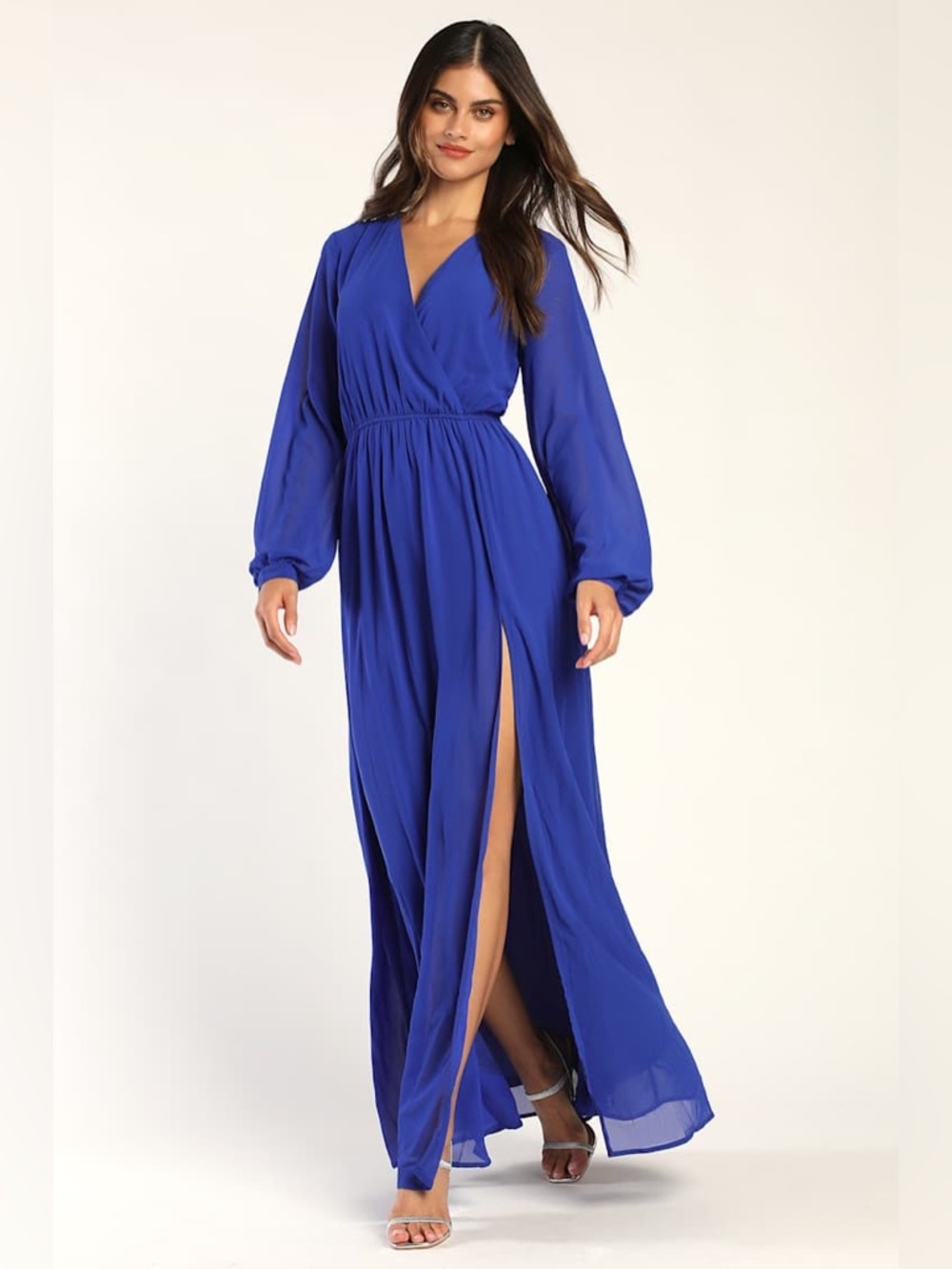 Lulu's Cobalt Blue Maxi Surplice Dress with Long Sleeves